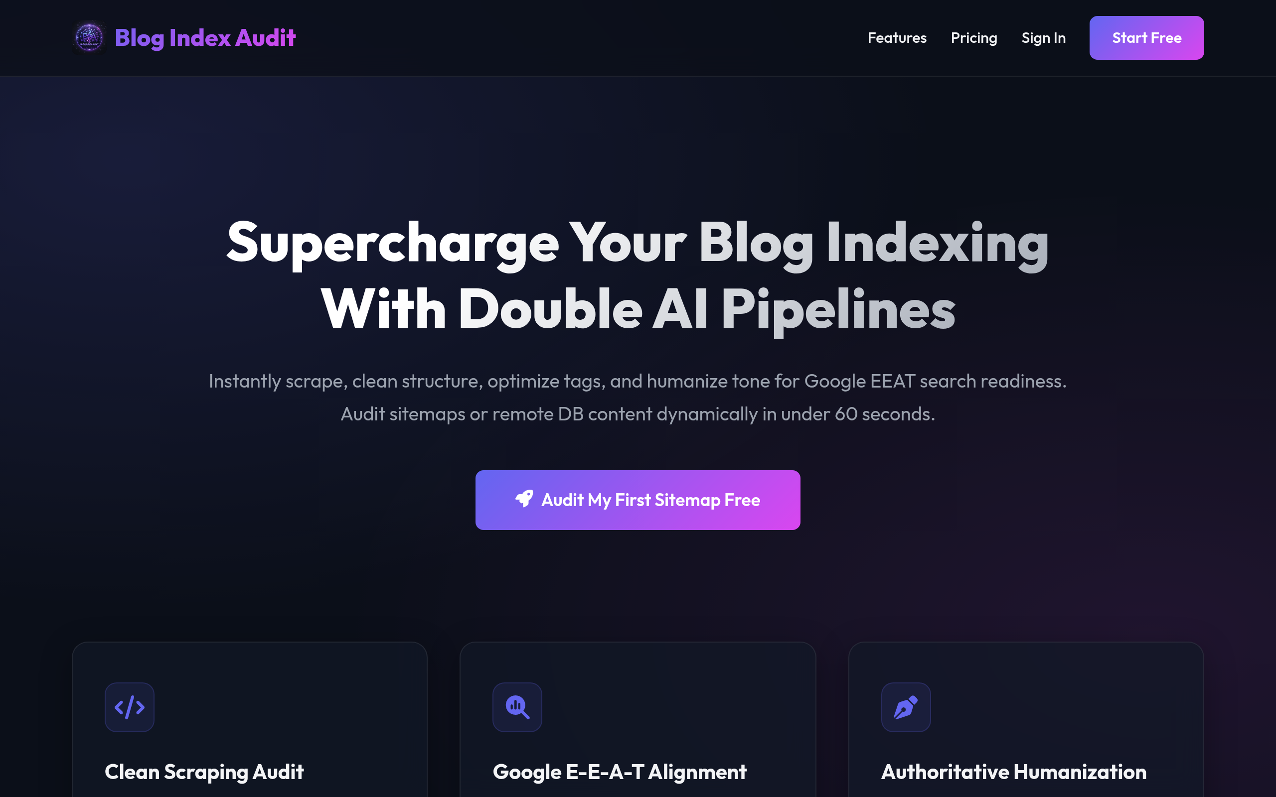 Blog Index Audit - Advanced AI Content Crawl Optimizer Mockup
